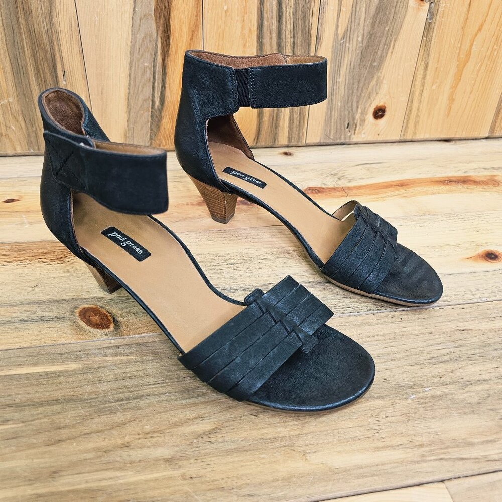 Paul Green Coco Matte Black Leather Heel Open Toe Sandal Size 9.5